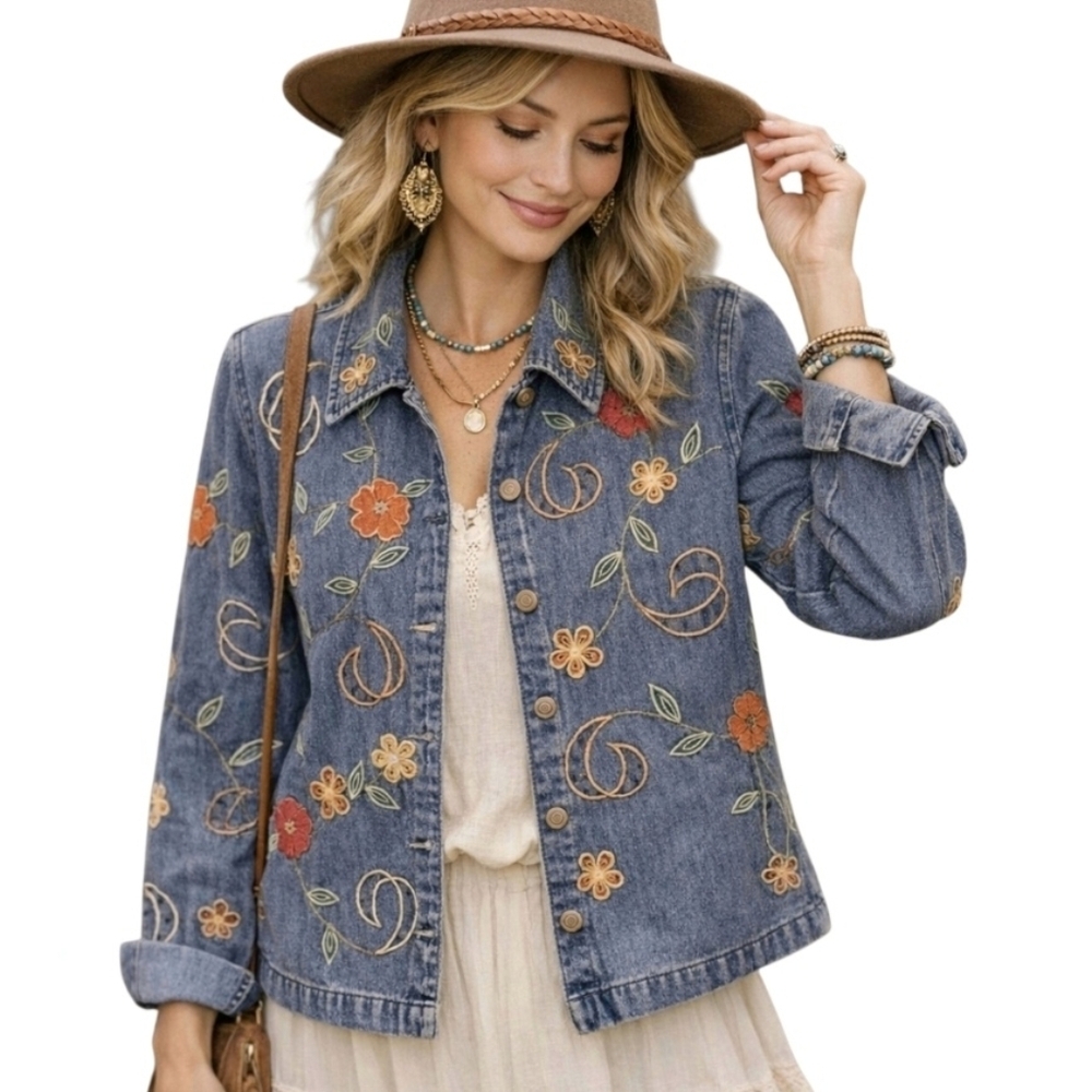Parisian Works Vintage Denim Embroidered Shirt Jacket Grandma Farmcore Petite L